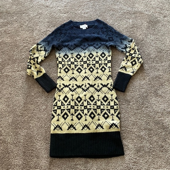 ☑️ Jessica Simpson Navy Yellow Fair Isle Knit Sweater Dress SIZE XS - Picture 1 of 4